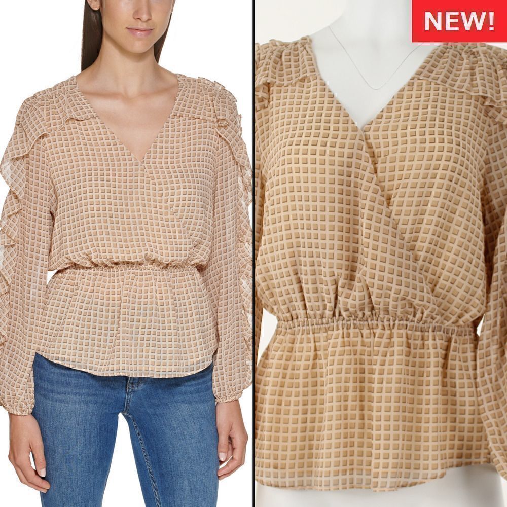 Calvin Klein Printed Ruffled Faux-Wrap Top - Sand Combo